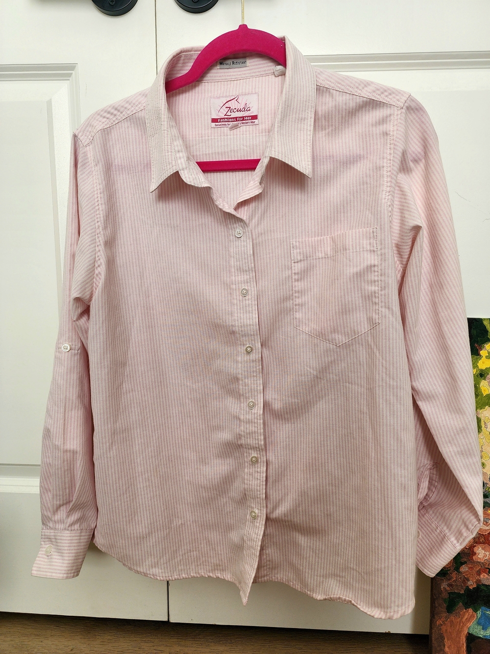 Zecuda Pink Stripe Button Down Shirt L Western Style Wrinkle Resistant Roll Tab